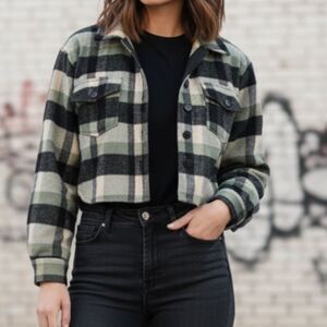 Joie Plaid Cropped Utility Jacket in Black and Green